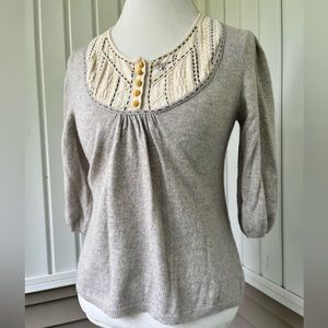 3/4 Puff Sleeve Crochet Sweater Top Cotton Cashmere Angora Rabbit Hair Large